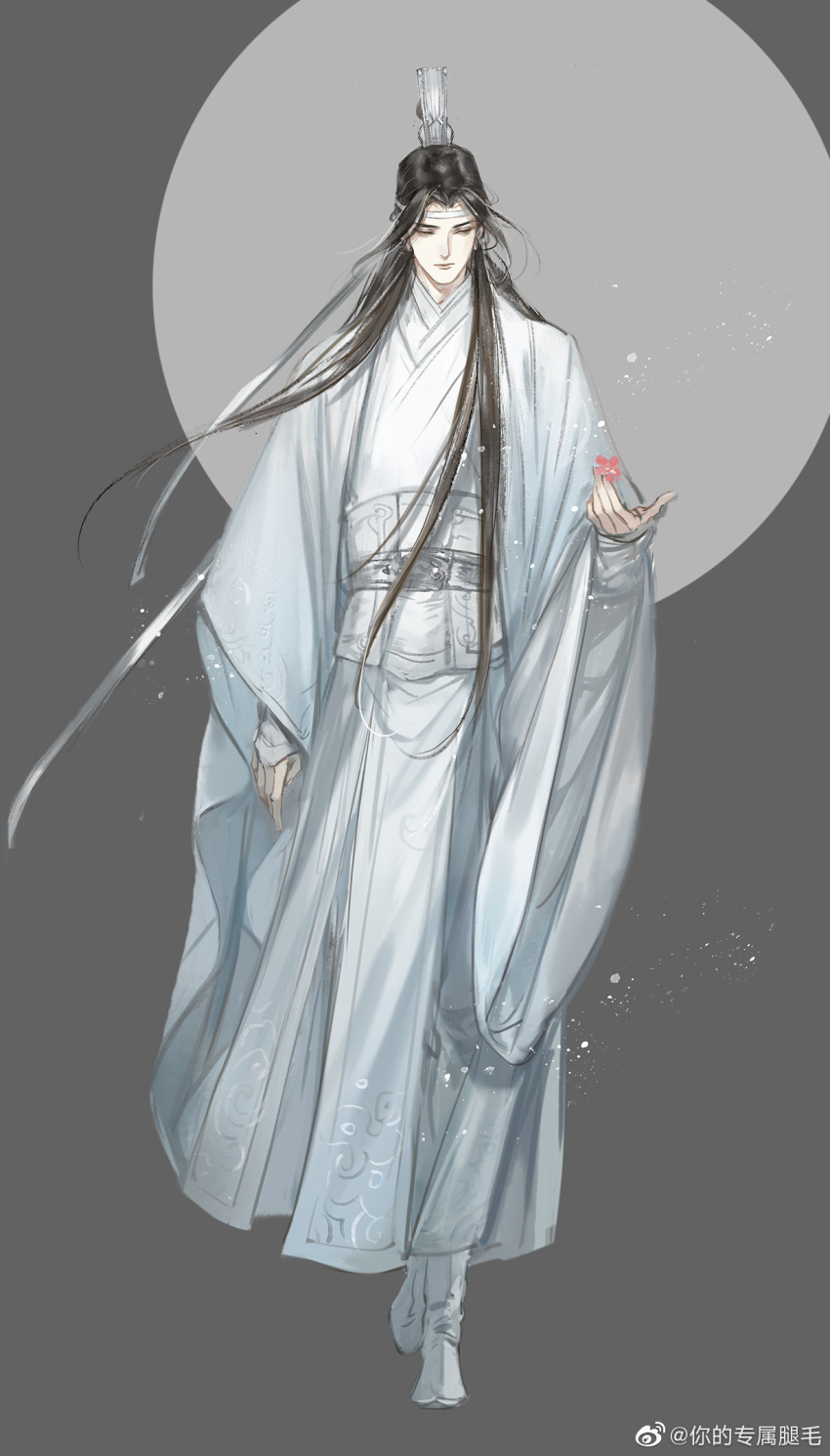 1boy bishounen black_hair boots chinese_clothes closed_mouth faux_traditional_media flower full_body full_moon grey_background hanfu headband highres holding holding_flower ink_wash_painting kcllzas163 lan_wangji light_particles long_hair long_sleeves looking_at_viewer male_focus modao_zushi moon pink_flower robe sash sleeves_past_wrists solo standing third-party_source topknot watermark weibo_watermark white_boots white_hanfu white_headband wide_sleeves xiao_guan_(headdress) yellow_eyes