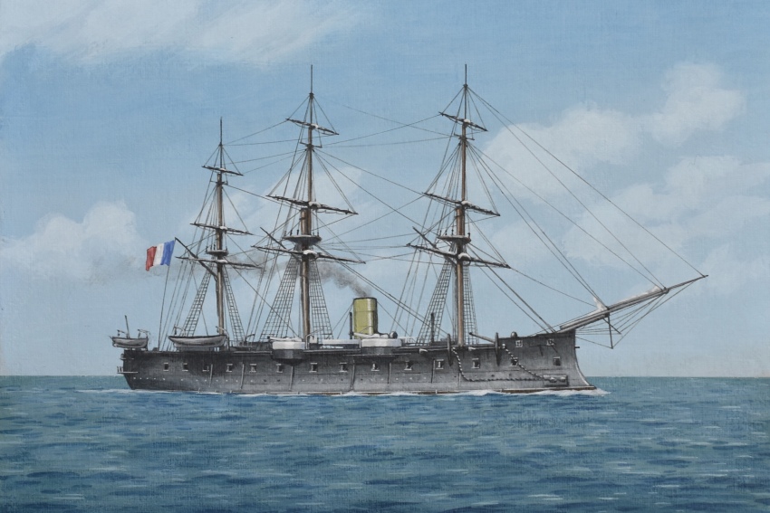 absurdres acrylic_paint_(medium) atelier_bono blue_sky cannon cloud flag french_flag french_navy highres ironclad mast military_vehicle no_humans ocean oceane_(ironclad) original painting_(medium) ship ship_turret sky smokestack traditional_media vehicle_focus warship watercraft weapon
