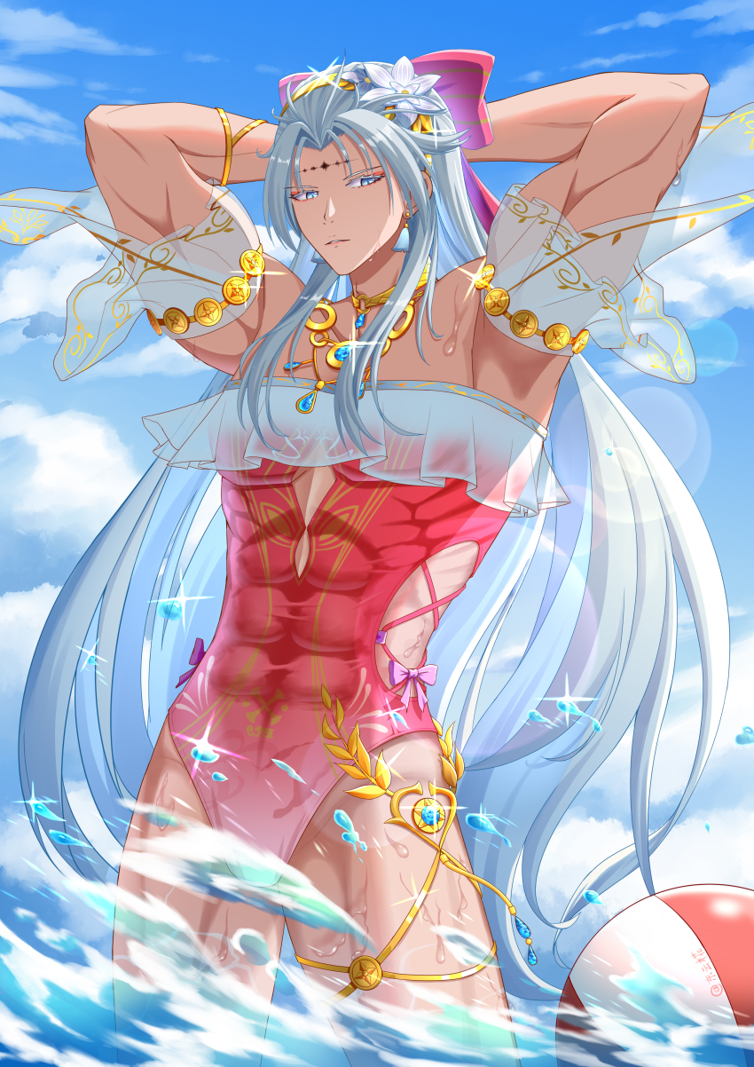 1boy abs absurdres arms_behind_back arms_up ball beachball blue_eyes blue_sky bow calcharo_(wuthering_waves) carlotta_(splashing_summer)_(wuthering_waves) carlotta_(wuthering_waves) casual_one-piece_swimsuit commentary_request cowboy_shot crossdressing crossdressing_(mtf) cutout_above_navel day earrings frilled_one-piece_swimsuit frills grey_hair hair_bow highres jewelry long_hair looking_at_viewer male_focus mdzzrbq233 muscular muscular_male ocean one-piece_swimsuit outdoors parted_lips pink_bow pink_one-piece_swimsuit sidelocks sky solo striped_bow swimsuit tacet_mark_(wuthering_waves) thighs very_long_hair wuthering_waves