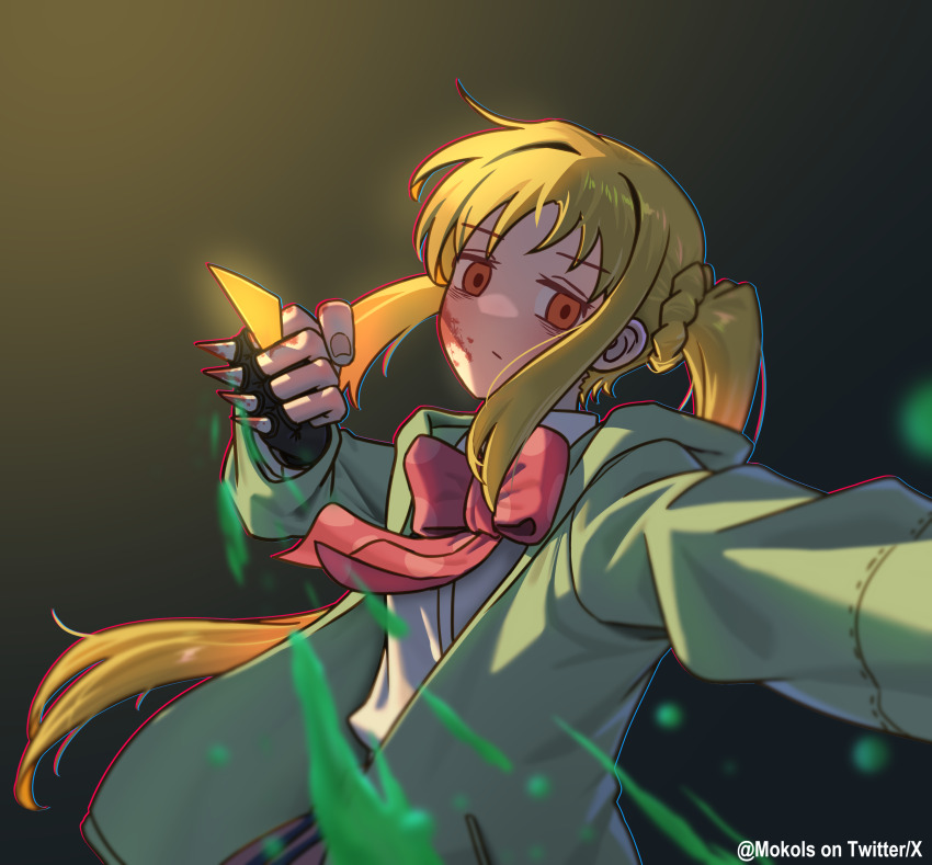 1girl absurdres ahoge ahoge_removed blonde_hair blood blood_on_face blood_on_hands blood_splatter blurry bocchi_the_rock! bow clenched_hand commentary depth_of_field detached_ahoge empty_eyes expressionless floating_hair foreshortening green_hoodie highres hood hoodie ijichi_nijika incoming_attack long_hair looking_at_viewer myvia_mokols red_bow red_eyes side_ponytail sidelocks simple_background solo spiked_knuckles twitter_username very_long_hair