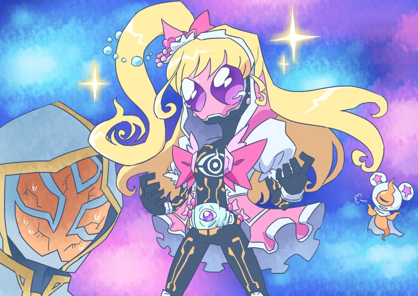 absurdres black_bodysuit blonde_hair bodysuit cosplay crossover cure_miracle highres kamen_rider kamen_rider_ghost kamen_rider_ghost_(series) kamen_rider_wizard_(series) mahou_girls_precure! mask mouth_mask otokamu otokamu@_kurōn-byō parody precure rider_belt side_ponytail the_white_wizard yurusen