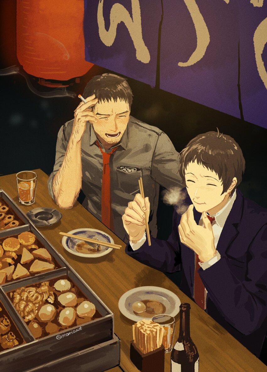 2boys absurdres arm_hair arm_up black_coat brown_hair chopsticks cigarette closed_eyes coat cup doujima_ryoutarou eating elbow_on_knee food_stand grey_shirt highres holding holding_chopsticks holding_cigarette long_sleeves male_focus morrisuit multiple_boys necktie persona persona_4 red_necktie shirt short_hair sleeves_rolled_up smile steam white_shirt