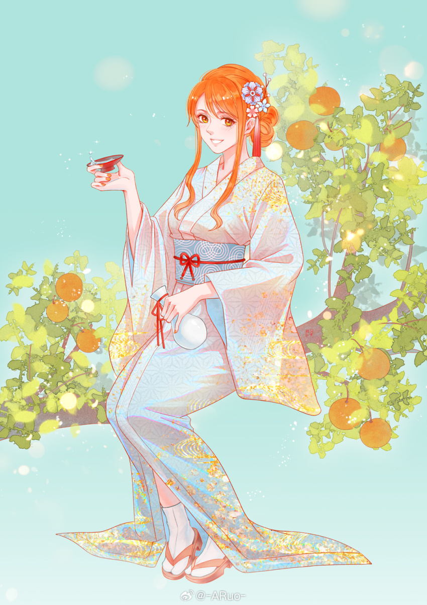 1girl alcohol alternate_costume alternate_hairstyle aruo blue_kimono blue_sash branch cup floral_print floral_print_kimono flower food fruit full_body hair_flower hair_ornament highres japanese_clothes kimono leaf light_blush light_particles long_hair long_sleeves looking_at_viewer mandarin_orange nail_polish nami_(one_piece) obi one_piece orange_eyes orange_hair orange_nails orange_tree parted_lips print_kimono sakazuki sake sandals sash sidelocks sitting smile socks solo tabi tokkuri white_socks wide_sleeves
