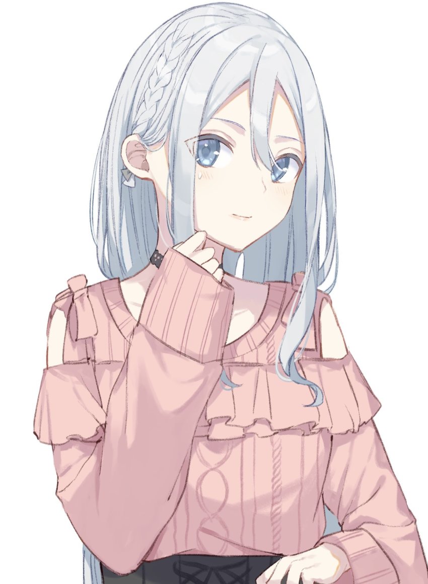 1girl anataa black_choker blue_eyes blush bow braid choker closed_mouth clothing_cutout commentary_request cosplay hair_between_eyes hair_bow highres light_smile long_hair long_sleeves looking_at_viewer pink_shirt project_sekai shinonome_ena shinonome_ena_(cosplay) shirt shoulder_cutout sidelocks silver_hair smile solo sweat upper_body very_long_hair white_bow yoisaki_kanade