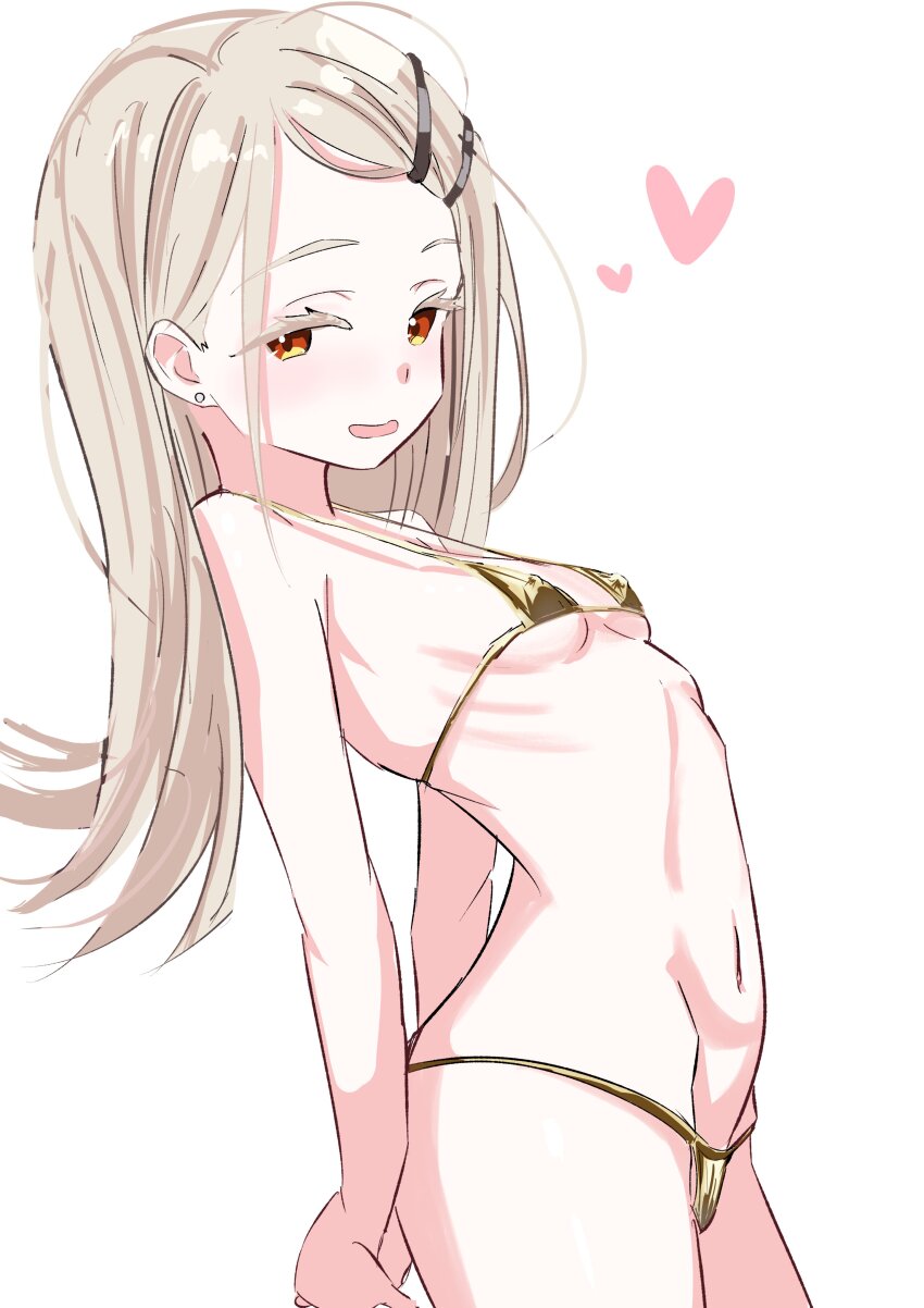1girl absurdres arms_behind_back bare_shoulders bikini blonde_hair blush breasts covered_erect_nipples cowboy_shot earrings flat_chest flipped_hair from_side gakuen_idolmaster gold_bikini hair_ornament hairclip heart highres idolmaster jewelry long_hair looking_at_viewer micro_bikini navel nina_(nina_funny1217) open_mouth orange_eyes ribs shinosawa_hiro simple_background smile solo swimsuit underboob white_background