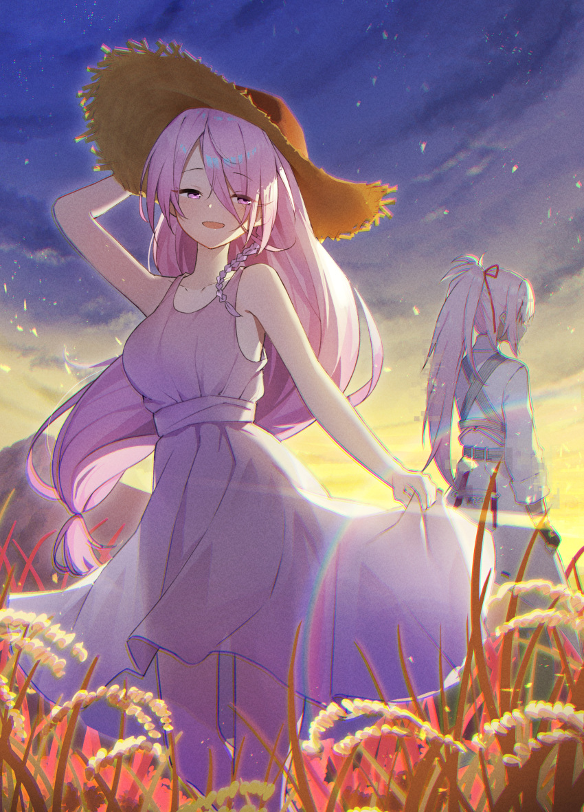2girls absurdres braid breasts chest_harness dawn hair_over_one_eye harness heaven_burns_red highres kura_satomi large_breasts long_hair multiple_girls pink_hair ponytail red_eyes red_ribbon ribbon rinki_oohen tsukishiro_monaka wheat_field
