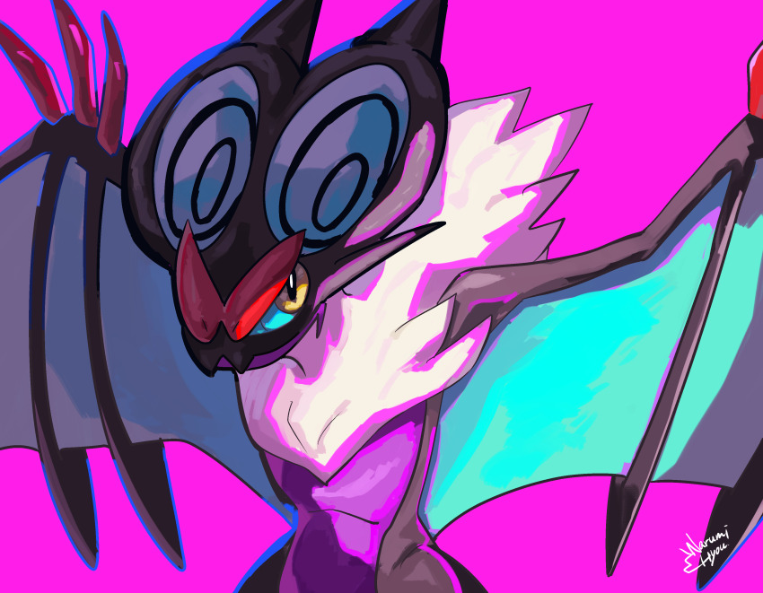 absurdres blue_sclera closed_mouth colored_sclera commentary_request gen_6_pokemon highres looking_at_viewer narumi_hyou nintendo no_humans noivern pink_background pokemon pokemon_(creature) signature simple_background solo upper_body yellow_eyes