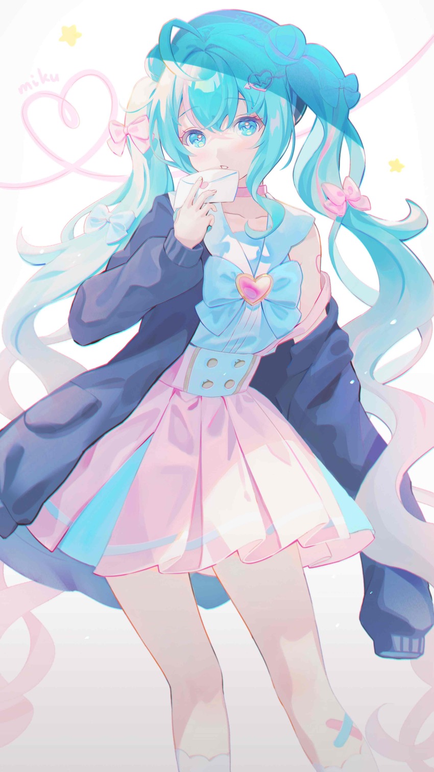 1girl absurdres ahoge aqua_eyes aqua_hair bandaid bandaid_on_leg blue_bow blue_jacket blue_sleeves bow choker collarbone commentary copyright_name double_bun envelope fingernails frilled_skirt frills gem hair_bow hair_bun hair_ornament hatsune_miku heart heart-shaped_gem heart_hair_ornament heart_ribbon highres jacket legs_apart long_hair long_sleeves off_shoulder parted_lips pink_bow pink_choker pink_skirt shadow simple_background single_hair_intake skirt socks solo star_(symbol) twintails very_long_hair vocaloid wavy_hair weizhi white_background white_mouth white_socks