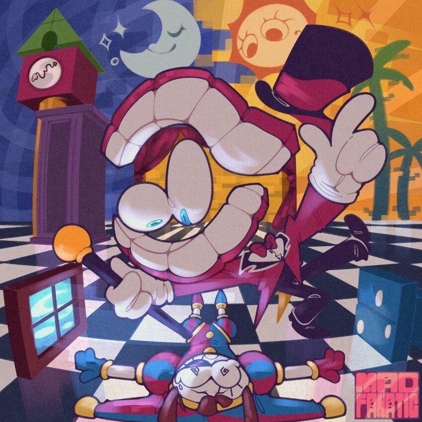 1boy 1girl :o @_@ artist_name asymmetrical_gloves black_footwear black_headwear black_pants blue_eyes blue_gloves bow bowtie brown_hair caine_(the_amazing_digital_circus) cane checkered_floor clock clock_tower closed_eyes collared_jacket colored_skin crescent_moon crying crying_with_eyes_open dentures detached_eyes dice digital_dissolve disembodied_eye fisheye floating_hat formal_clothes glitch gloves green_eyes hat hat_bell heterochromia highres holding holding_cane jacket jester jester_cap jester_costume long_eyelashes lying mismatched_gloves moon multicolored_headwear on_back palm_tree pants pointy_footwear pomni_(the_amazing_digital_circus) puffy_short_sleeves puffy_sleeves red_bow red_bowtie red_gloves red_jacket red_suit shoes short_sleeves smile striped_clothes striped_headwear suit sun tears teeth the_amazing_digital_circus the_mad_fanatic top_hat tower tree unconscious vertical-striped_bodysuit vertical-striped_clothes vertical-striped_headwear wavy_eyebrows white_gloves white_skin window