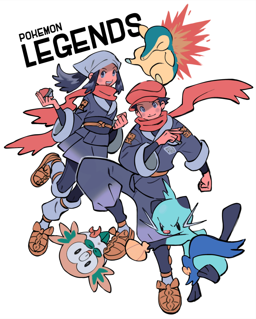 1boy 1girl akari_(pokemon) black_hair blush clenched_hand closed_mouth commentary copyright_name cyndaquil dewott english_commentary floating_hair floating_scarf gen_2_pokemon gen_5_pokemon gen_7_pokemon headscarf highres hisuian_poke_ball holding holding_poke_ball nintendo open_mouth pants poke_ball pokemon pokemon_(creature) pokemon_legends:_arceus rei_(pokemon) rowlet sanigo sash scarf sidelocks smile teeth undershirt white_headscarf