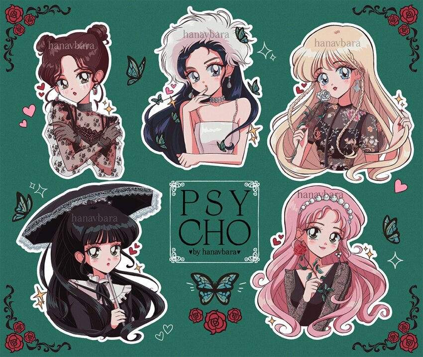 5girls artist_name black_hair blonde_hair brown_hair bug butterfly commentary double_bun earrings flower green_background hair_bun hanavbara heart insect irene_(red_velvet) jewelry joy_(red_velvet) long_hair multiple_girls pink_hair red_velvet_(group) rose seulgi_(red_velvet) simple_background smile song_name umbrella wendy_(red_velvet) yeri_(red_velvet)