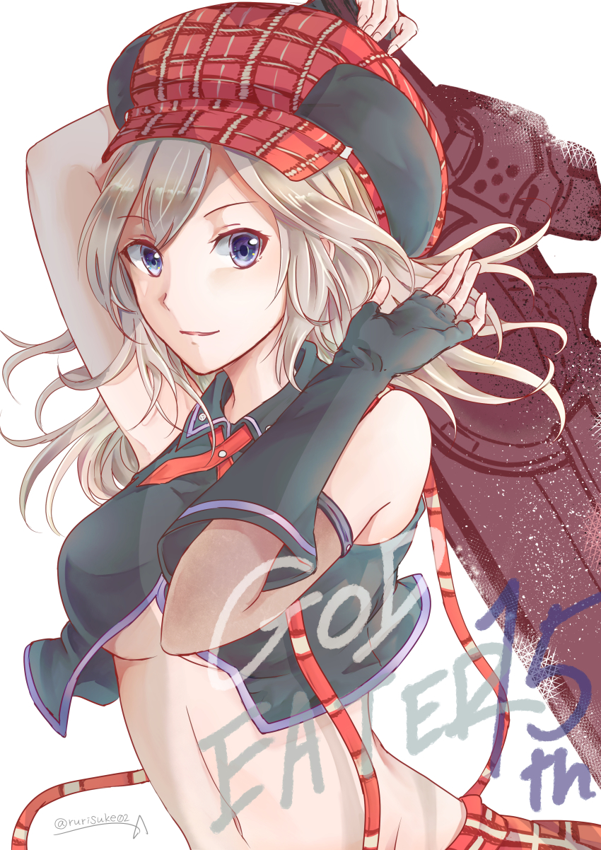 1girl absurdres alisa_ilinichina_amiella anniversary arm_up arm_warmers armpits bare_shoulders black_gloves black_vest blue_eyes breasts newsboy_cap commentary_request cowboy_shot cropped_vest elbow_gloves fingerless_gloves gloves god_eater god_eater_burst grey_hair groin hair_between_eyes hat highres holding holding_sword holding_weapon huge_weapon long_hair looking_at_viewer medium_breasts midriff navel parted_lips plaid_clothes plaid_skirt red_hat red_skirt revealing_clothes ruri-hikaru sidelocks signature simple_background single_arm_warmer single_elbow_glove skirt smile solo standing stomach suspender_skirt suspenders suspenders_slip sword twitter_username underboob vest weapon white_background