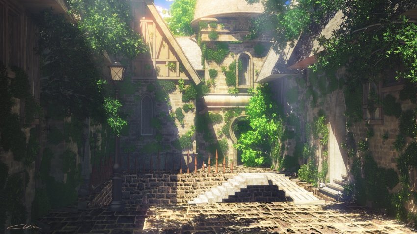 3d artist_name day highres ivy lamppost light_rays no_humans original outdoors scenery signature stairs sunlight waisshu_(sougyokyuu) window