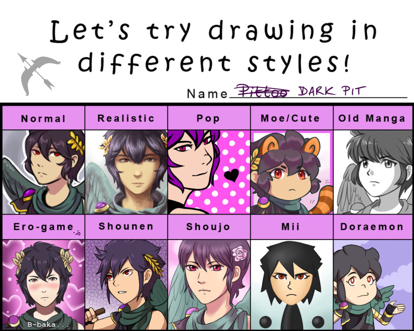 angel angel_wings animal_ears black_hair blush character_name dark_pit doraemon fire_emblem flower fujiko_f_fujio_(style) hair_flower hair_ornament heart kid_icarus kid_icarus_uprising laurel_crown looking_at_viewer male_focus mario_(series) mii_(nintendo) multiple_style_parody nintendo parody purple_hair raccoon_ears raccoon_tail realistic red_eyes style_parody super_leaf_(transformation) tail toodlingart tsundere wings