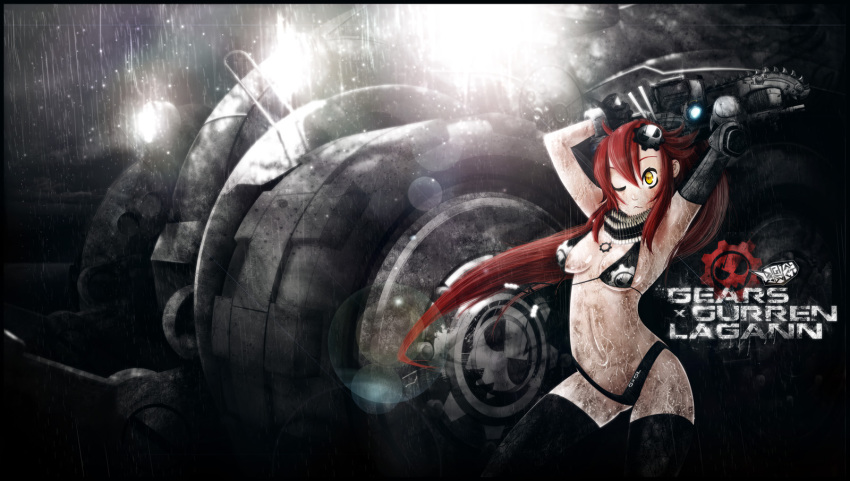 1girl ammunition_belt armpits arms_up asymmetrical_gloves bikini breasts chainsaw cleavage crossover digital-addict female_focus gears gears_of_war gears_of_war_2 gloves gun hair_ornament highres lancer_(gears_of_war) long_hair midriff one_eye_closed parody ponytail red_hair self-upload skull_hair_ornament solo swimsuit tengen_toppa_gurren_lagann thighhighs uneven_gloves vehicle wardrobe_malfunction weapon wink yellow_eyes yoko_littner