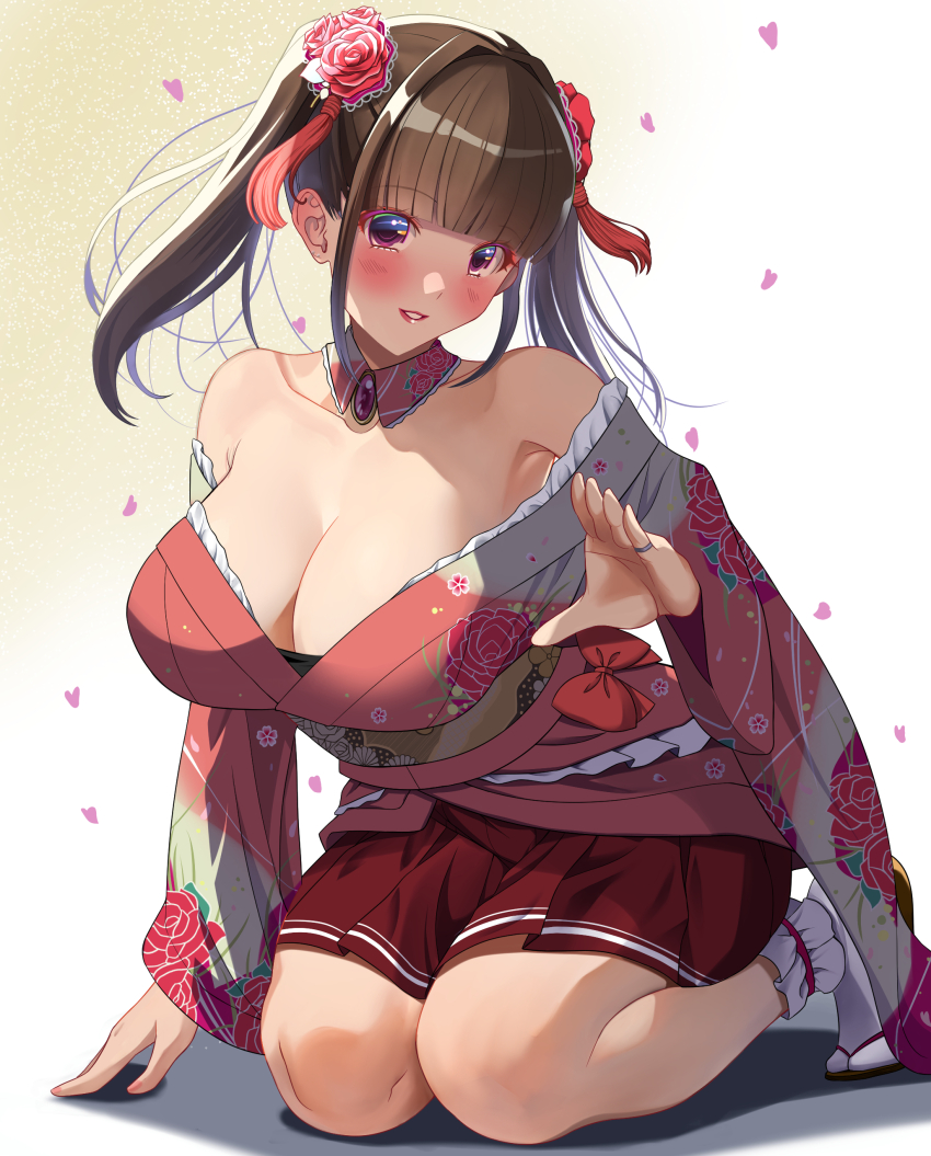 1girl :d absurdres akihiro0920 ankle_socks arm_up blunt_bangs blush breasts brown_hair cleavage collarbone commentary_request detached_collar floral_print floral_print_kimono flower geta gradient_background hair_flower hair_ornament highres japanese_clothes kimono kneeling komasan large_breasts long_hair looking_at_viewer nengajou new_year open_mouth original parted_lips pleated_skirt print_kimono purple_eyes red_kimono red_skirt sidelocks simple_background skirt smile socks solo tamura_yukari twintails white_socks wide_sleeves
