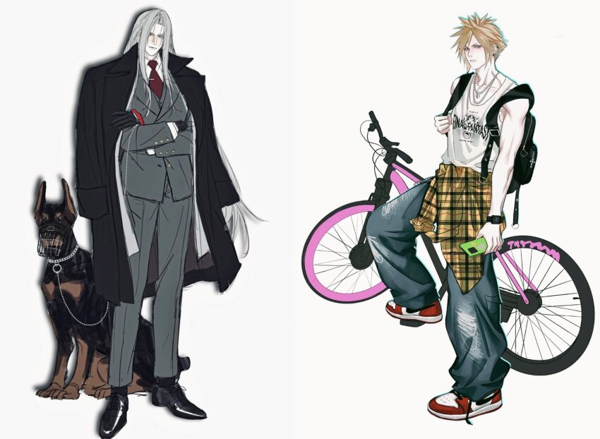 2boys aaamber_22 alternate_costume backpack bag baggy_pants bicycle black_background black_coat black_gloves black_shoes blonde_hair chain chain_necklace clothes_around_waist cloud_strife coat coat_on_shoulders collared_shirt crossed_arms denim dobermann dog dress_shoes earrings final_fantasy final_fantasy_vii formal_clothes full_body gloves grey_hair grey_jacket grey_pants grey_suit highres holding holding_leash holding_phone jacket jeans jewelry leash long_hair male_focus multiple_boys multiple_necklaces muzzle_(mask) necklace necktie pants parted_bangs phone plaid_clothes plaid_shirt print_tank_top red_necktie red_shoes sephiroth sharp_teeth shirt shirt_around_waist shoes short_hair single_earring smile sneakers suit suit_jacket tank_top teeth tie_clip white_background white_shirt white_tank_top yellow_shirt
