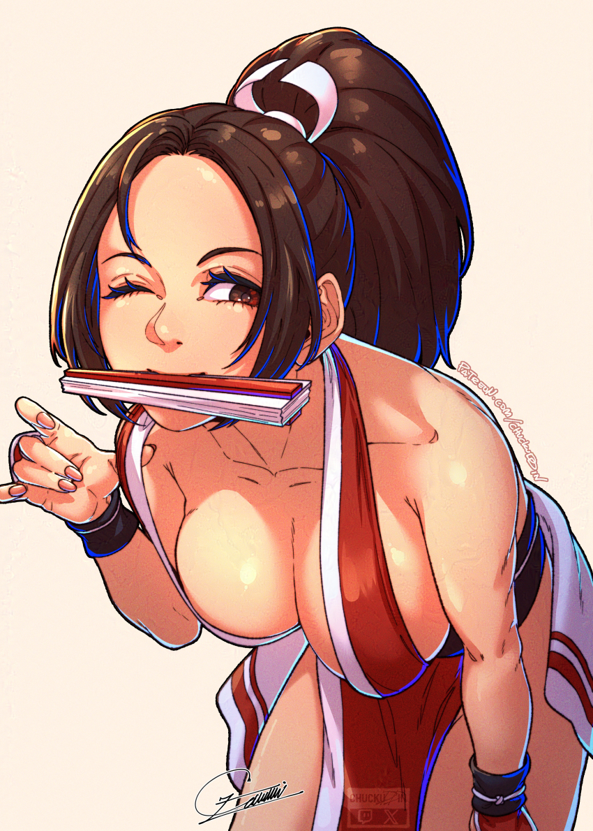 1girl absurdres bare_shoulders breasts brown_eyes brown_hair chuckuddin cleavage fatal_fury female_focus folding_fan hand_fan high_ponytail highres japanese_clothes large_breasts long_hair looking_at_viewer mouth_hold ninja no_bra one_eye_closed ponytail revealing_clothes shiranui_mai signature snk solo the_king_of_fighters watermark wink