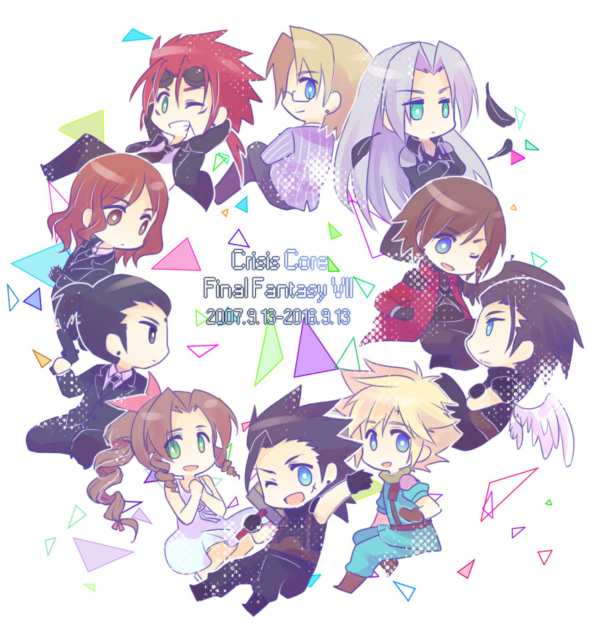 2girls 6+boys aerith_gainsborough angeal_hewley arm_up armor arms_behind_head belt bindi black_coat black_feathers black_gloves black_hair black_necktie black_pants black_suit black_wings blonde_hair blue_eyes blue_pants blue_shirt boots bright_pupils brown_belt brown_eyes brown_footwear brown_gloves brown_hair buster_sword chest_strap chibi chibi_only cissnei cloud_strife coat collared_shirt commentary_request copyright_name crisis_core_final_fantasy_vii crossed_arms curly_hair dated dress earrings everyone expressionless facial_hair facial_mark feathered_wings feathers final_fantasy final_fantasy_vii formal_clothes full_body genesis_rhapsodos glasses gloves goggles goggles_on_head green_eyes grey_hair grin gun hair_intakes hair_slicked_back handgun high_ponytail highres holding holding_gun holding_weapon jacket jewelry lazard_deusericus light_smile long_bangs long_hair looking_at_another low_ponytail medium_hair multiple_boys multiple_girls necktie one_eye_closed open_mouth over_shoulder own_hands_together pants parted_bangs pauldrons pentacle_dark pink_ribbon pinstripe_jacket pinstripe_pattern ponytail purple_jacket rectangular_eyewear red_coat red_hair reno_(ff7) ribbon scar scar_on_face sephiroth shinra_infantry_uniform shirt short_ponytail shoulder_armor single_wing sitting sleeveless sleeveless_turtleneck smile stud_earrings suit suit_jacket suspenders sword sword_over_shoulder triangle tseng turtleneck very_long_hair weapon weapon_over_shoulder white_background white_dress white_shirt white_wings wings zack_fair
