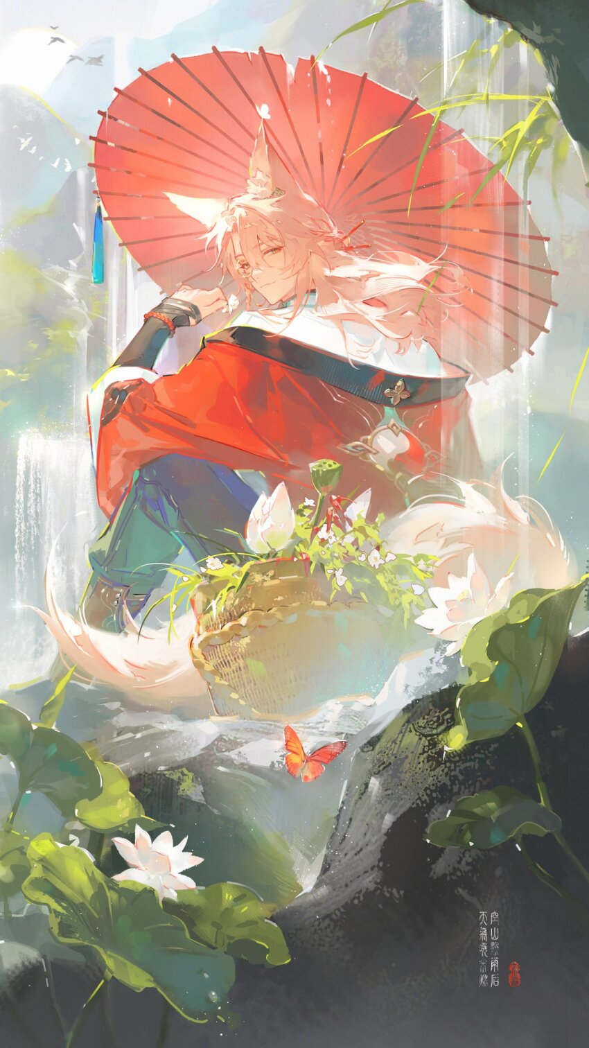 animal_ear_fluff animal_ears green_eyes hair_between_eyes highres holding holding_umbrella honkai:_star_rail honkai_(series) jiaoqiu_(honkai:_star_rail) long_hair looking_at_viewer looking_back parasol pink_hair renjian_shilian sitting smile solo tail umbrella