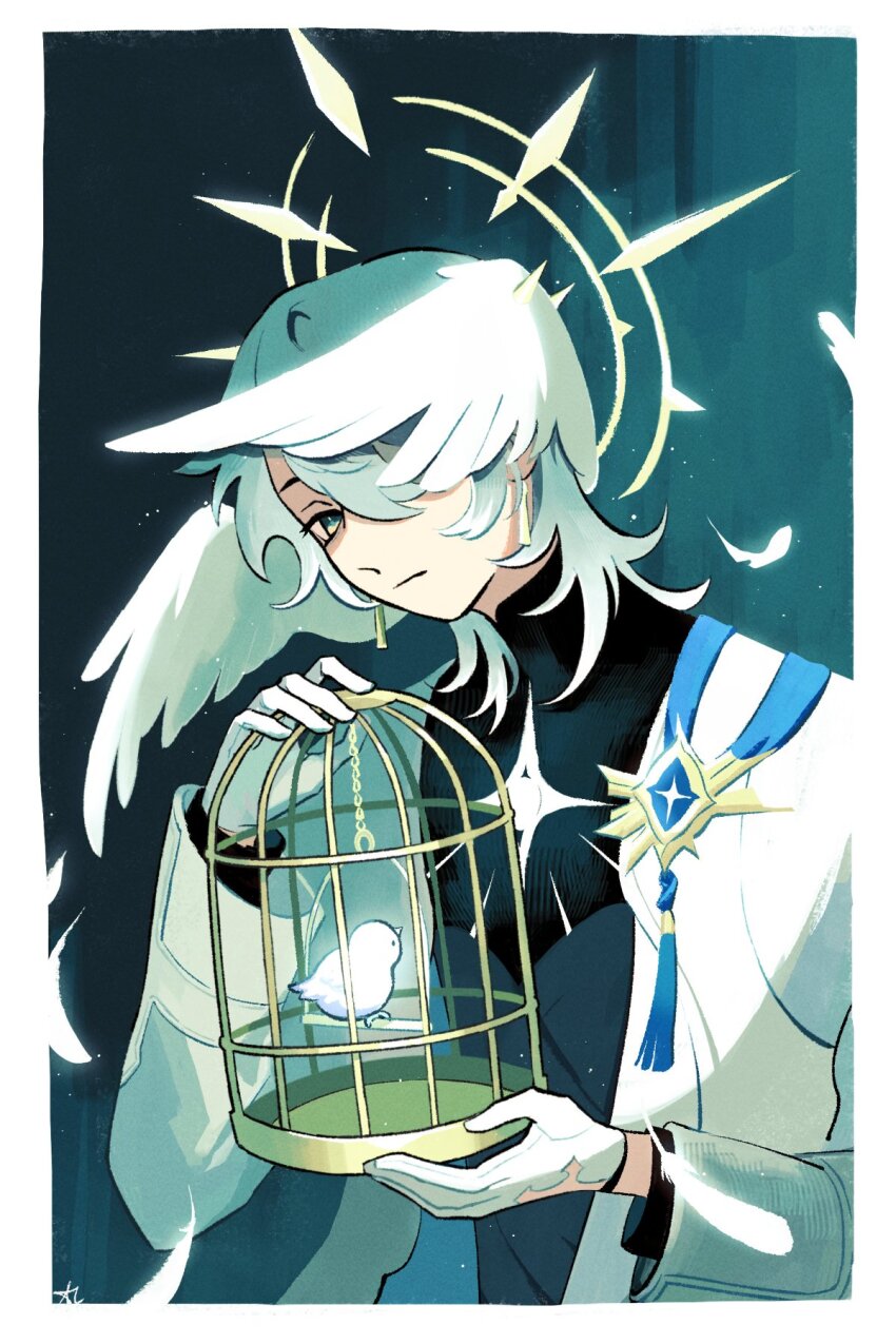 1boy bird birdcage black_shirt blue_eyes border cage closed_mouth coat commentary earrings gloves grey_hair halo halo_behind_head head_wings highres holding holding_cage honkai:_star_rail honkai_(series) jewelry lodrws making-of_available male_focus medium_hair shirt solo sunday_(honkai:_star_rail) sunday_(sacerdos&#039;_relived_ordeal)_(honkai:_star_rail) symbol-only_commentary white_border white_coat white_gloves white_wings wings