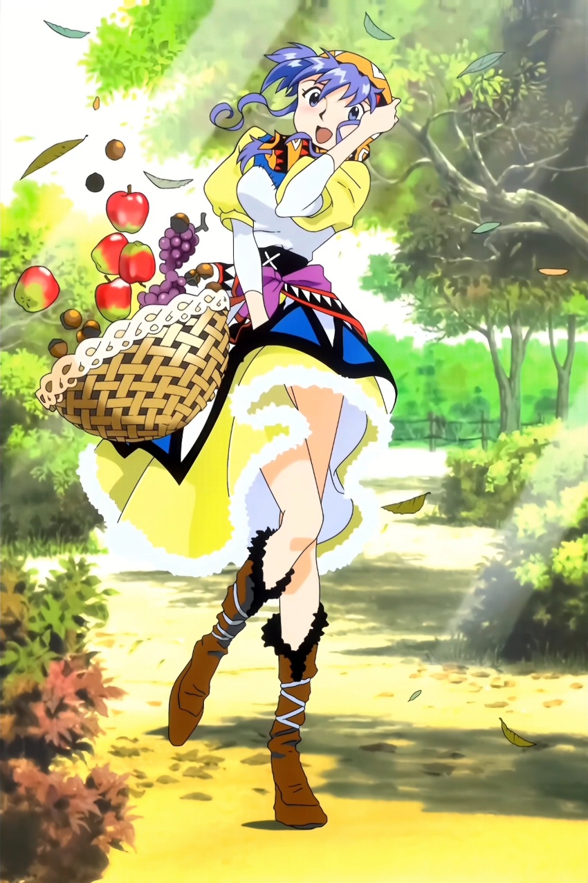 blue_eyes blue_hair boots branch bromide brown_boots dress falling_leaves fruit_basket highres leaf luna_noah lunar lunar:_the_silver_star official_art outdoors ponytail side_ponytail tree wind