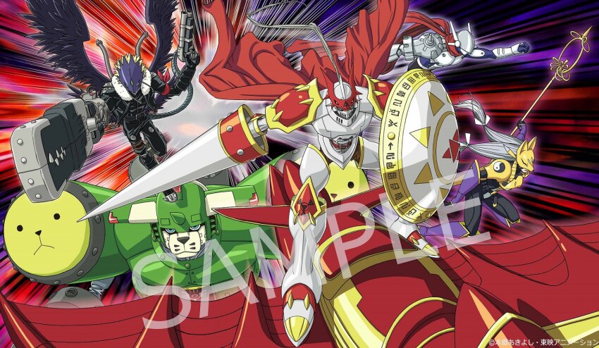 armor beelzebumon beelzebumon_blast_mode cape digimon digimon_(creature) digital_hazard fox_mask full_armor grani_(digimon) highres justimon lance long_hair mask official_art polearm saintgalgomon sakuyamon shield weapon yin_yang