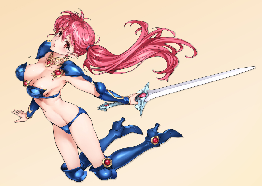 1girl 2girls armor armored_boots asagiri_youko bikini_armor blue_armor blue_boots blue_pants boots breasts character_request damaged genmu_senki_leda highres holding holding_sword holding_weapon long_hair medium_breasts multiple_girls nishieda pants red_eyes red_hair revealing_clothes shoulder_armor side_ponytail simple_background solo sword weapon