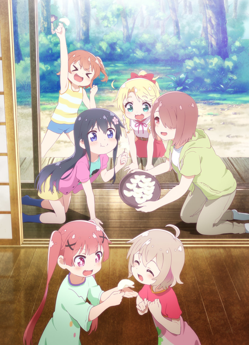 &gt;_&lt; 6+girls ahoge apple apple_slice belt black_hair black_legwear blonde_hair blue_shirt blue_shorts blush brown_hair brown_pants bush closed_eyes closed_mouth eating fang feeding flower food forest fruit green_eyes green_hoodie green_shirt hair_flower hair_ornament hair_over_one_eye hair_ribbon highres himesaka_noa holding holding_plate hood hoodie hoshino_hinata hoshino_miyako_(wataten) jacket key_visual kneeling konomori_kanon light_brown_hair long_hair matsumoto_kouko multiple_girls nature official_art open_mouth pants pink_jacket plate ponytail promotional_art purple_eyes red_eyes red_hair red_shirt red_skirt ribbon shirosaki_hana shirt short_hair short_sleeves shorts skirt sliding_doors smile socks standing striped_tank_top t-shirt tanemura_koyori tank_top tree watashi_ni_tenshi_ga_maiorita! white_legwear white_shirt wooden_floor x_hair_ornament yellow_skirt