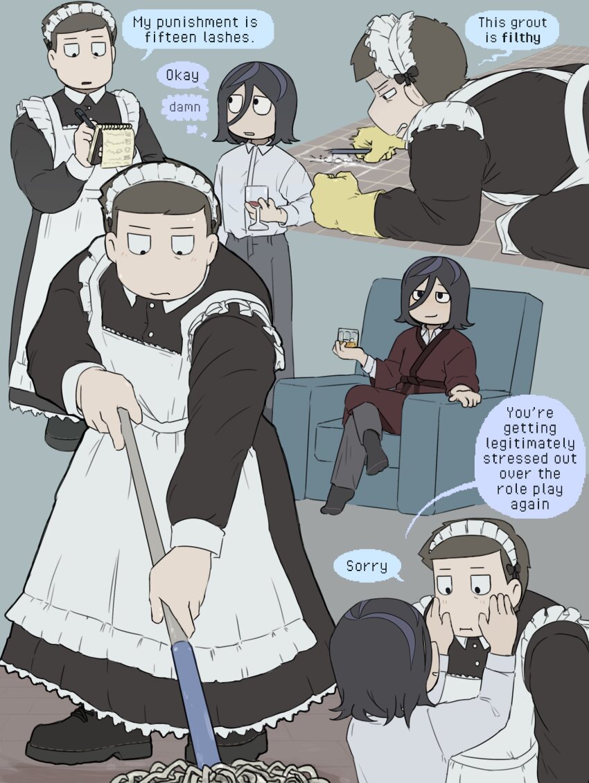 1boy 1other :i absurdres alcohol alternate_costume ambiguous_gender angel_martinez apron blue_hair blush bob_cut brown_hair cleaning clinical_trial_(game) crossdressing cup drinking_glass frown highres holding holding_mop holding_notepad homunculus100 jitome lee_smith maid maid_apron maid_headdress medium_hair mop mopping no_nose notepad pale_skin pants robe roleplay shirt short_hair sitting smile smirk speech_bubble squinting toon_(style) very_short_hair wine wine_glass writing