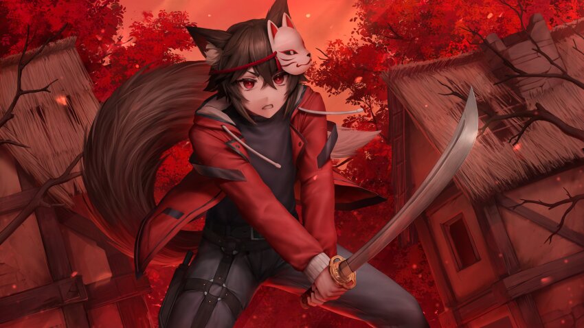 1boy absurdres animal_ears bare_tree belt black_belt black_hair black_shirt black_tail building commentary commission cowboy_shot crossed_bangs english_commentary fighting_stance fox_boy fox_ears fox_mask fox_tail grey_pants hair_between_eyes highres hiktsu_(vtuber) holding holding_sword holding_weapon hood hooded_jacket indie_virtual_youtuber jacket katana light_particles looking_to_the_side male_focus mask mask_on_head numanoan open_clothes open_jacket pants parted_lips red_eyes red_jacket red_sky shirt short_hair sky solo sword tail teeth thigh_strap tree virtual_youtuber weapon
