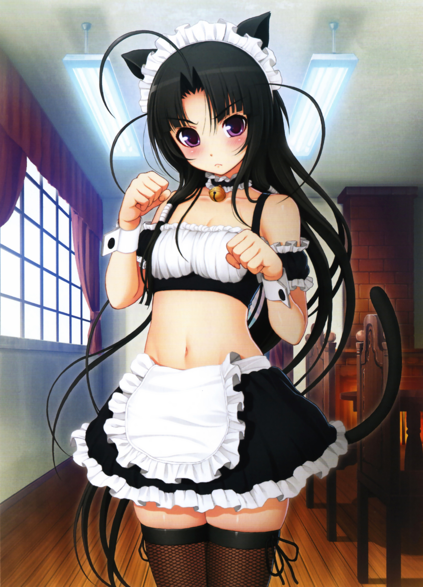 1girl absurdres ahoge animal_ears apron bell black_hair black_thighhighs blush breasts cat_ears cat_tail choker crop_top female_focus fishnet_thighhighs fishnets highres long_hair looking_at_viewer maid_headdress midriff navel neck_bell oki_kiki paw_pose purple_eyes scan shiny_skin skindentation small_breasts solo standing stomach sumaga tail thighhighs tsuji_santa very_long_hair wrist_cuffs