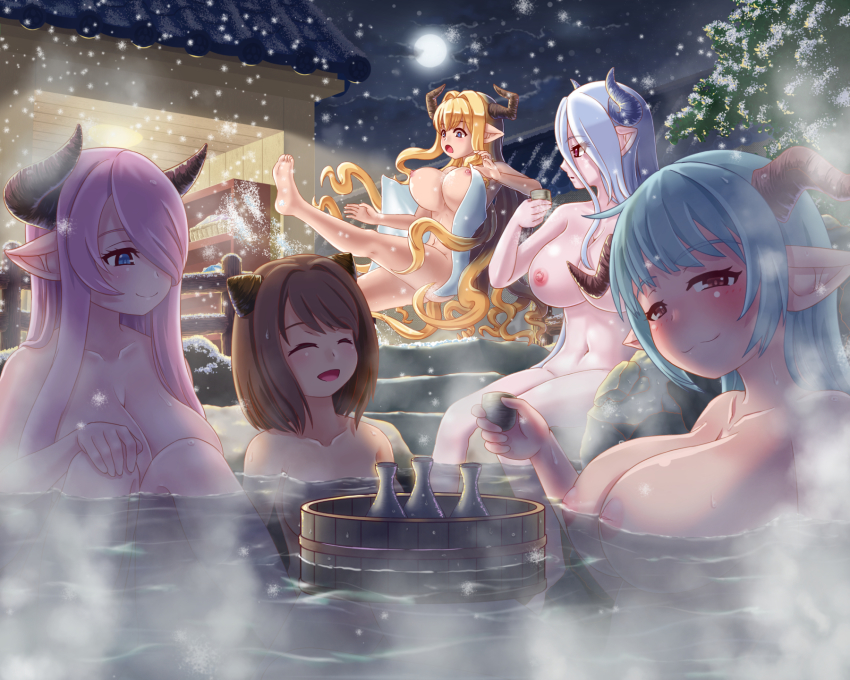 5girls :3 ^_^ alcohol bath bathing blonde_hair blue_eyes blue_hair blush breasts brown_hair bucket choko_(cup) closed_eyes cloud cloudy_sky collarbone commentary_request convenient_censoring cup demon_horns draph fence floating_breasts full_body full_moon granblue_fantasy hair_between_eyes hair_over_one_eye half-closed_eyes highres holding holding_cup horns huge_breasts hyperhkl izmir lamretta large_breasts light_purple_hair light_rays long_hair looking_at_another looking_at_viewer medium_hair moon multiple_girls naked_towel narmaya_(granblue_fantasy) navel night night_sky nipples nude onsen open_mouth outdoors partially_submerged pointy_ears razia red_eyes rock sake shelf sidelocks silver_hair sitting sky slipping snow snowing soaking_feet steam tokkuri towel tree water wet wooden_bucket wooden_fence yaia_(granblue_fantasy)