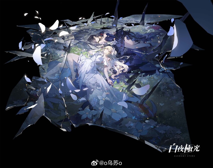 2girls alchemy_stars barefoot black_background black_hair black_ribbon black_veil blonde_hair center_frills character_request closed_eyes closed_mouth copyright_logo copyright_name dress dress_flower feather-trimmed_dress field flower flower_field frilled_dress frills full_body grey_eyes hair_flower hair_ornament highres leg_ribbon light_particles logo long_dress long_hair looking_at_another lying multiple_girls official_art on_back on_grass open_mouth petals purple_dress ribbon see-through_clothes see-through_veil shards shoes thighs toes veil very_long_hair watermark weibo_watermark white_arm_warmers white_dress white_flower white_footwear wusu_(owusuo)
