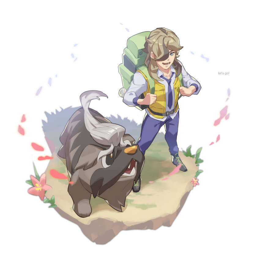 1boy arms_up arven_(pokemon) backpack bag blue_eyes brown_hair collared_shirt commentary_request english_text eyelashes faux_figurine hair_over_one_eye highres long_hair long_sleeves mabosstiff male_focus multicolored_hair necktie nintendo one_eye_covered open_collar open_mouth pants pokemon pokemon_(creature) pokemon_sv purple_necktie purple_pants school_uniform shirt shoes smile talgi teeth uva_academy_school_uniform vest white_background white_shirt yellow_vest