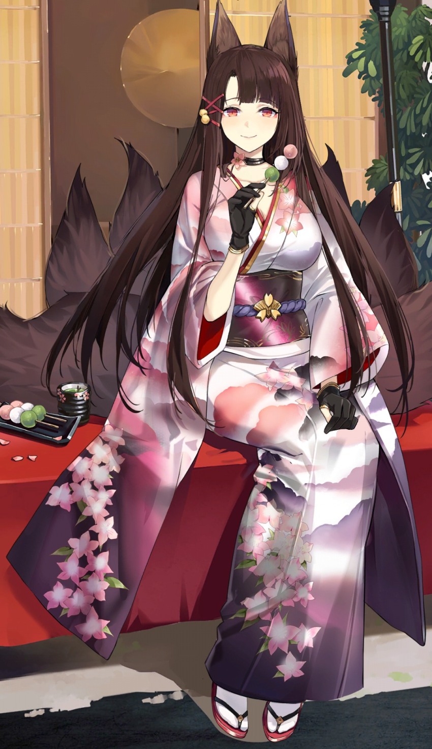 akagi_(azur_lane) akagi_(precipice_of_sweetness)_(azur_lane) animal_ears artist_request azur_lane brown_hair cherry_blossoms cropped dango food highres japanese_clothes long_hair multiple_tails official_alternate_costume outdoors red_eyes sitting tail wagashi