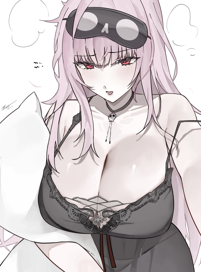 1girl absurdres bare_shoulders black_camisole black_choker black_mask blush breasts camisole choker cleavage collarbone commentary earrings english_commentary ewn highres hololive hololive_english huge_breasts hugging_object jewelry long_hair looking_at_viewer mask mask_on_head mori_calliope mori_calliope_(sleepwear) open_mouth panties pillow pillow_hug pink_eyes pink_hair see-through_camisole see-through_clothes simple_background skull_choker skull_earrings sleep_mask solo strap_slip underwear virtual_youtuber white_background white_panties
