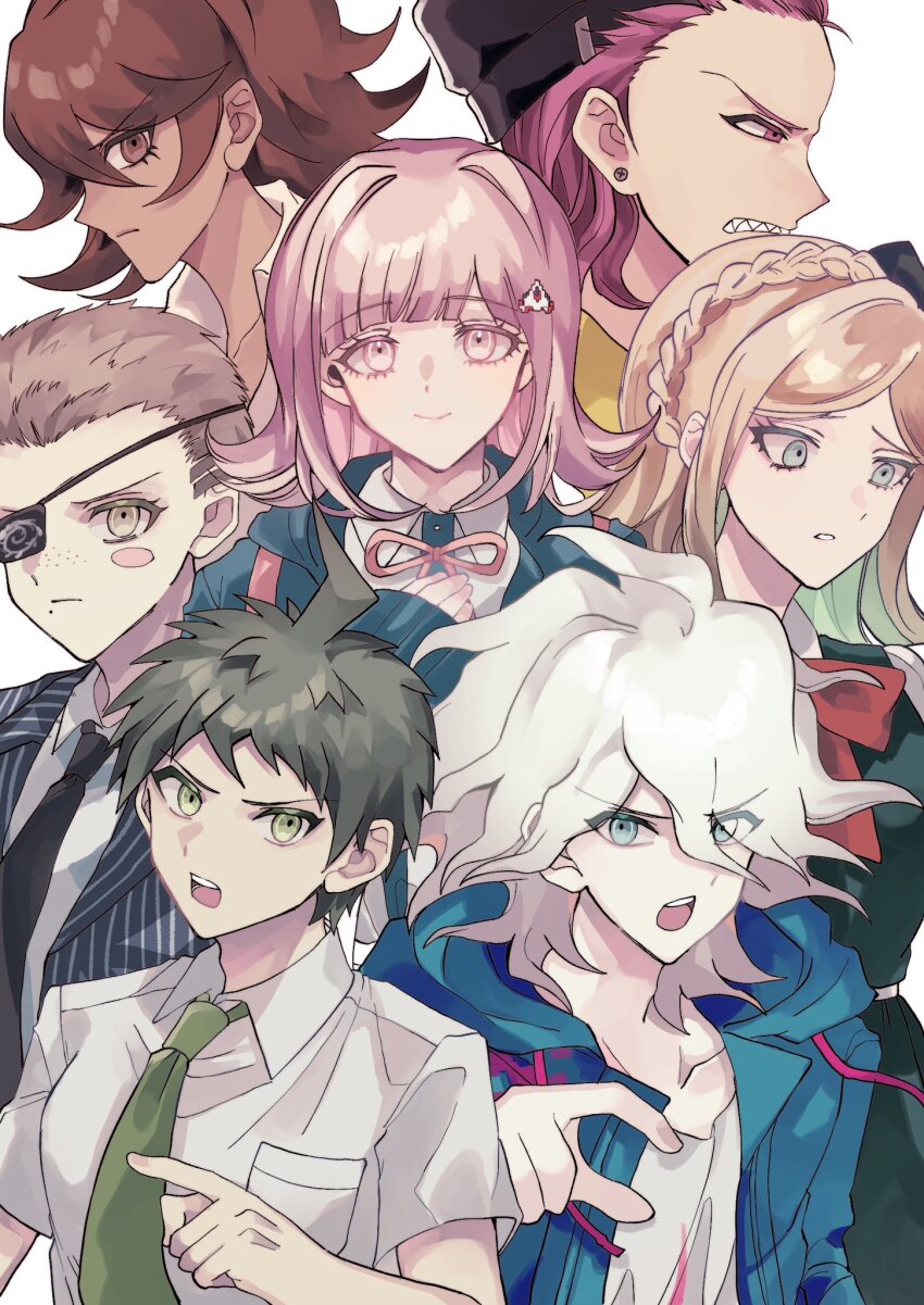 3girls 4boys black_bow black_necktie bow braid brown_hair danganronpa_(series) danganronpa_2:_goodbye_despair dark-skinned_female dark_skin dress_shirt eyepatch galaga green_necktie grey_hair hair_bow hakumai_(mgmg_okomee) highres hinata_hajime jacket komaeda_nagito kuzuryu_fuyuhiko long_hair medium_hair multiple_boys multiple_girls nanami_chiaki neck_ribbon necktie owari_akane pink_ribbon ribbon shirt smile soda_kazuichi sonia_nevermind spaceship_hair_ornament striped_clothes striped_jacket white_background