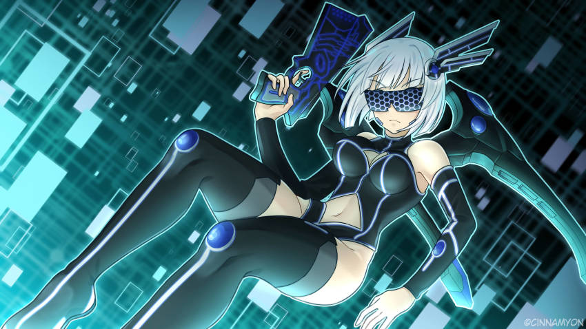 1girl absurdres armlet artist_name bare_shoulders black_bodysuit bodysuit boots breasts cinnamyon cleavage_cutout clothing_cutout cyberspace detached_sleeves dutch_angle flying frown full_body glowing gun head_wings highres hime_cut jewelry leotard mechanical_wings medium_breasts navel_cutout original short_hair silver_hair solo stormwyrm thigh_boots thighhighs visor weapon wings