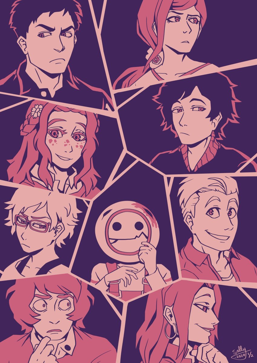 4girls 5boys absurdres carlos_(kyokugen_dasshutu) closed_mouth collared_shirt commentary dated diana_(kyokugen_dasshutsu) earrings english_commentary eric_(kyokugen_dasshutu) eyelashes flower freckles glasses hair_flower hair_ornament highres hoop_earrings jewelry junpei_(kyokugen_dasshutsu) kyokugen_dasshutsu limited_palette long_hair mira_(kyokugen_dasshutu) multiple_boys multiple_girls kurashiki_akane phi_(kyokugen_dasshutsu) ponytail portrait q_(kyokugen_dasshutsu) shirt short_hair sigma_(kyokugen_dasshutsu) sigmacatdilemma signature smile zero_escape:_toki_no_dilemma