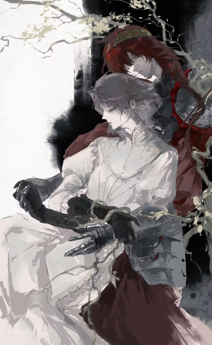 2girls absurdres armor black_gloves braid closed_eyes colored_skin commission cowboy_shot dress elbow_gloves elden_ring expressionless faulds from_side gauntlets gloves grey_hair headband highres holding_hands jiao_chang juliet_sleeves lace lace-trimmed_dress lace_trim long_hair long_sleeves low-braided_long_hair low-tied_long_hair melina_(elden_ring) multiple_girls oc_x_canon one_eye_covered pauldrons puffy_sleeves red-haired_tarnished_(qiqiqiqi) red_eyes red_hair second-party_source short_hair shoulder_armor single_braid sitting sitting_on_lap sitting_on_person tarnished_(elden_ring) tree white_background white_dress white_skin yuri