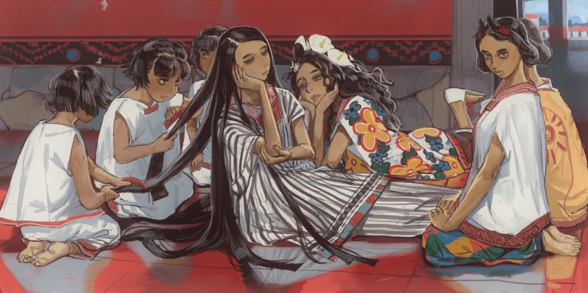 6+girls architecture aztec barefoot black_hair blunt_bangs blunt_ends brown_eyes brushing_hair checkered_clothes checkered_skirt closed_mouth comb dark-skinned_female dark_skin day dress floral_print flower foreshortening from_behind grey_skirt hair_flower hair_ornament hairclip hand_on_own_elbow hand_on_own_face hands_on_own_face hands_on_own_legs highres holding_another&#039;s_hair long_hair looking_at_another looking_at_viewer looking_down looking_to_the_side mesoamerica mesoamerican_architecture mossacannibalis multicolored_skirt multiple_girls nail_polish on_floor original outdoors parted_hair parted_lips pink_lips print_shirt red_nails red_trim reflection sandals seiza shirt short_hair short_sleeves sitting skirt smile straight_hair striped_clothes striped_shirt striped_skirt sun_print teeth vertical_stripes very_long_hair wall wavy_hair white_dress white_flower white_shirt white_skirt wide_sleeves yellow_shirt