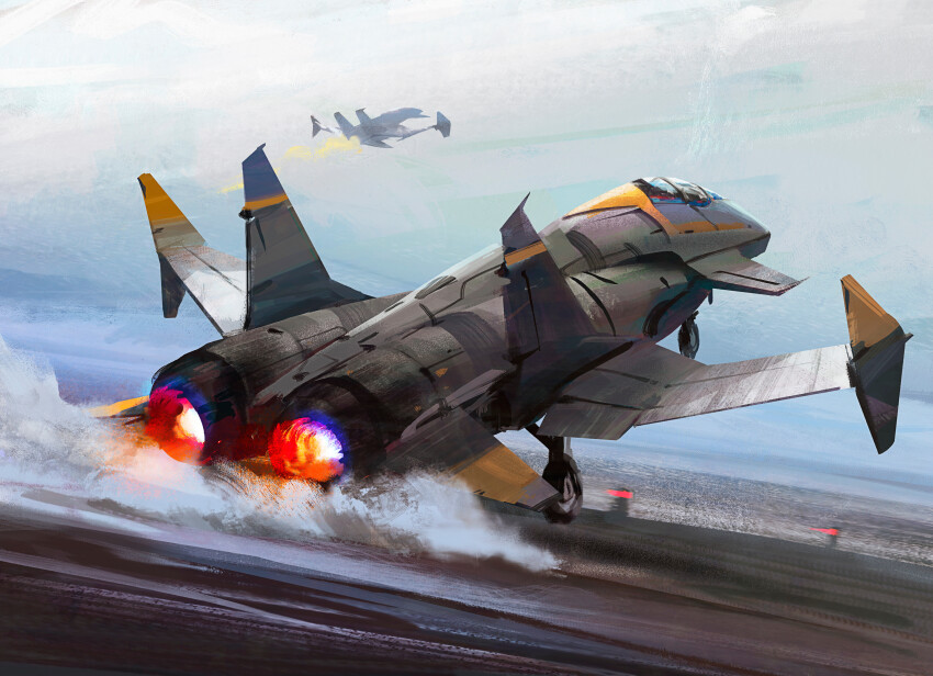 1boy absurdres afterburner aircraft airplane alien aoki_uru canards cloud commentary desert dust dust_cloud english_commentary fighter_jet flying fog helmet highres honneamise_no_tsubasa landing_gear light military_vehicle official_style original pilot realistic redesign robots_r4 science_fiction spacecraft starfighter thrusters