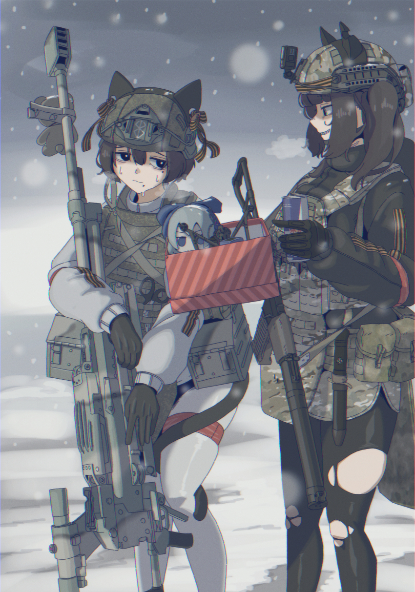 2girls absurdres action_camera animal_ears anti-materiel_rifle as_val assault_rifle b1-517 black_eyes black_gloves black_leggings body_armor bolt-action_rifle box brown_hair bullpup cat_ears cat_tail chin_strap cirno fake_animal_ears fake_tail fumo_(doll) gloves grin gun helmet highres kalashnikov_rifle ksvk_12.7 leggings load_bearing_equipment looking_at_another military_uniform mole mole_under_mouth multiple_girls original outdoors red_bull ribbon_of_saint_george rifle russian_ground_forces siblings sisters smile sniper_rifle snowing stuffed_animal stuffed_toy sweatdrop tail teddy_bear torn_clothes torn_leggings touhou twintails undone_chin_strap video_camera weapon