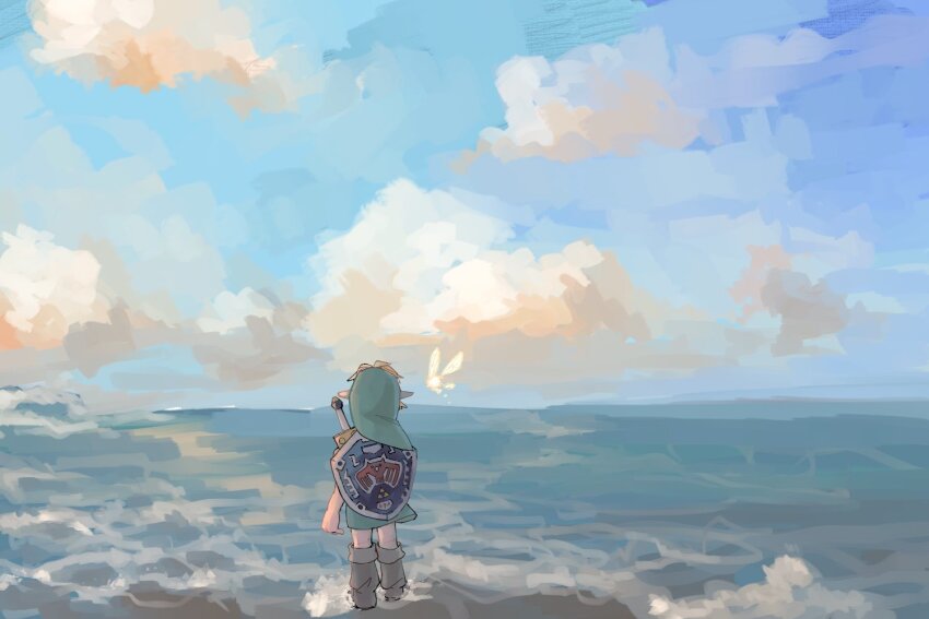 1boy beach blonde_hair blue_sky boots brown_boots child commentary_request fairy from_behind green_hat green_tunic hat horizon link nintendo pointy_ears shield shield_on_back sky solo sword sword_on_back tatl the_legend_of_zelda the_legend_of_zelda:_majora&#039;s_mask tunic walking weapon weapon_on_back yamori_(yamoooon21) young_link