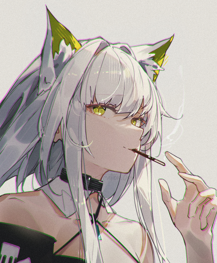 1girl animal_ear_fluff animal_ears arknights bare_shoulders chinese_commentary chromatic_aberration commentary green_eyes grey_background grey_hair halterneck hand_up highres kal&#039;tsit_(arknights) light_smile looking_at_viewer off_shoulder openvl short_hair_with_long_locks sidelocks smoke smoking solo upper_body watermark