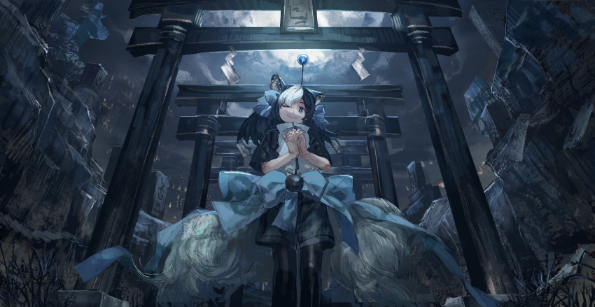 1boy animal_ears antennae bad_id bad_pixiv_id black_pantyhose blue_eyes blue_hair closed_mouth fox_ears fox_tail full_moon grass hands_up head_tilt highres interlocked_fingers looking_at_viewer male_focus moochasu moon multicolored_hair multiple_tails multiple_torii night night_sky one_eye_closed outdoors pantyhose shichigatsu short_sleeves shorts sky smile solo standing tail torii towelket_wo_mou_ichido trap two-tone_hair white_hair