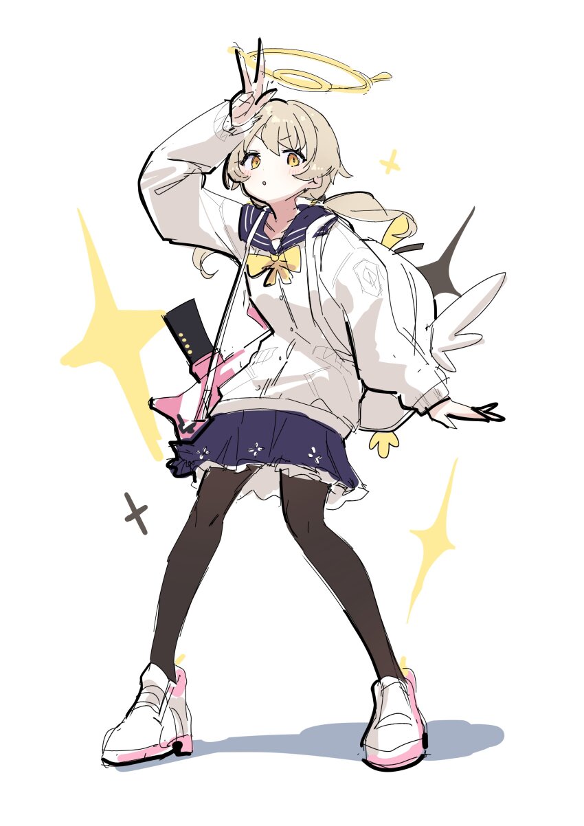1girl absurdres assault_rifle backpack bag blonde_hair blue_archive blue_skirt bongnom bullpup gun hair_ornament halo hifumi_(blue_archive) highres l85 looking_at_viewer pantyhose peroro_(blue_archive) ribbon rifle school_uniform shoes skirt sneakers sparkle weapon yellow_eyes yellow_halo yellow_ribbon