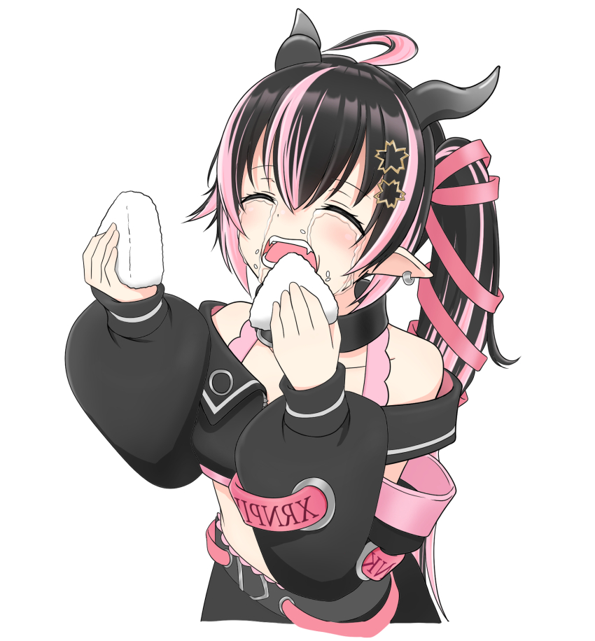 1girl ahoge belt belt_collar black_belt black_hair black_jacket black_sleeves blush bra closed_eyes collar commentary_request cowboy_shot cropped_jacket crying cuore_0624 demon_girl demon_horns detached_sleeves flower food food_on_face grey_horns hair_between_eyes hair_flower hair_ornament hair_ribbon highres holding holding_food horns jacket long_hair long_sleeves multicolored_hair nanashi_inc. off_shoulder oinomori_may oinomori_may_(1st_costume) one_side_up onigiri open_clothes open_jacket open_mouth pink_bra pink_hair pink_ribbon pointy_ears ribbon rice rice_on_face simple_background sleeveless sleeveless_jacket solo teeth two-tone_hair underwear virtual_youtuber white_background