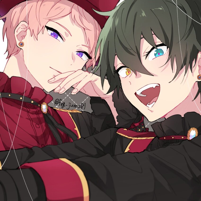 2boys aqua_eyes asymmetrical_bangs collared_shirt earrings ensemble_stars! fingernails green_hair hair_between_eyes hand_to_own_mouth hat heterochromia highres itsuki_shu jewelry juma_(wolf81gizinka) kagehira_mika long_sleeves multiple_boys open_mouth pink_hair purple_eyes shirt short_hair twitter_username valkyrie_(ensemble_stars!) yellow_eyes